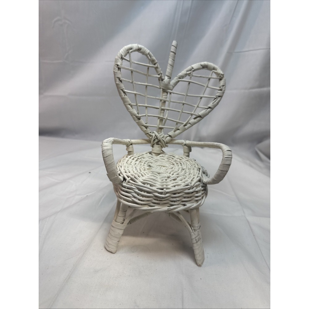 VTG White Rattan Heart Wicker Doll Chair 10" Heart Shape Shabby Furniture